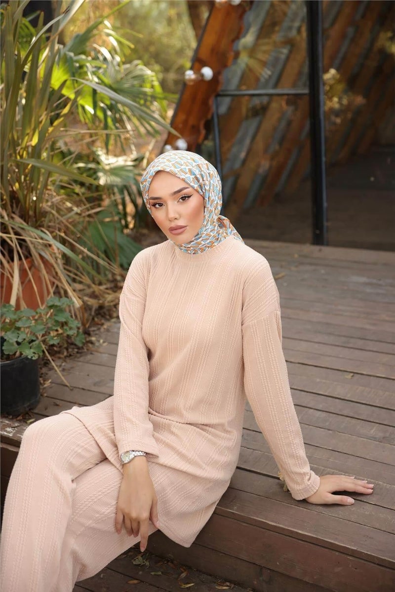 Bwest O Neck Short Tunic Pants Plain Double Hijab Tracksuit Set - 71219.026 - Beige - Image 4