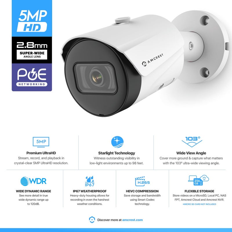Amcrest 5MP Outdoor POE Camera 2592 x 1944p Bullet IP Security Camera, IP67, 132Â° Viewing Angle, Human & Vehicle Detection, Tripwire & Intrusion, 5-Megapixel, IP5M-B1186EW-AI-V3 (White) - Image 2