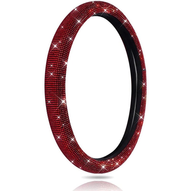 Car Bling Steering Wheel Cover for Women Girls Burgundy 15 Inch Universal Red Crystal Rhinestone Diamonds Bling Bling Accessories AntiSlip Wheel Protector