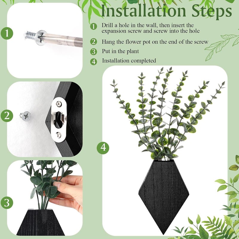 Chunful 2 Pcs Wooden Wall Planter Decor Hanging Fake Plants Greenery Flowers Holder Vase Boxes for Wall Bohemian Farmhouse Room Kitchen Office Indoor Decoration(Black,7.1 x 4.7 x 1.2 Inches) - Image 3
