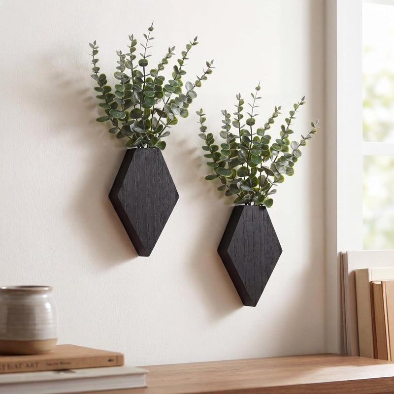 Chunful 2 Pcs Wooden Wall Planter Decor Hanging Fake Plants Greenery Flowers Holder Vase Boxes for Wall Bohemian Farmhouse Room Kitchen Office Indoor Decoration(Black,7.1 x 4.7 x 1.2 Inches) - Image 1