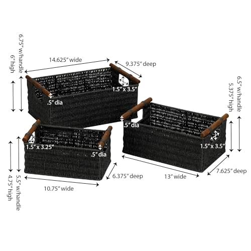 Household Essentials Decorative Woven Baskets, Set of 3 Baskets, Paper Rope with Wood Handles, Sturdy Metal Frame, Small, Medium and Large, Black - Image 3