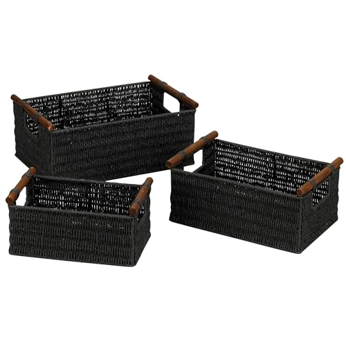 Household Essentials Decorative Woven Baskets, Set of 3 Baskets, Paper Rope with Wood Handles, Sturdy Metal Frame, Small, Medium and Large, Black - Image 1