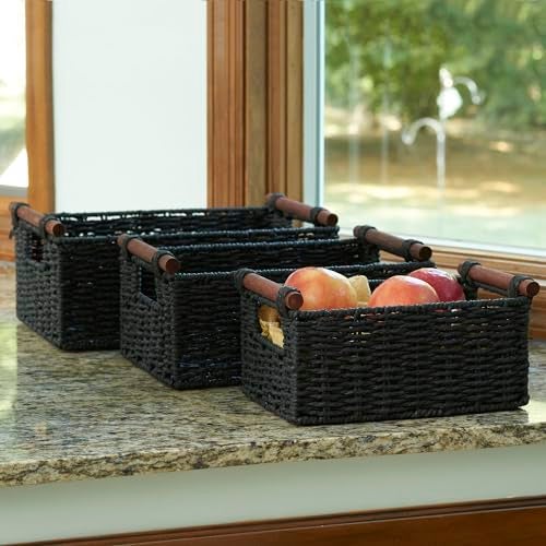 Household Essentials Decorative Woven Baskets, Set of 3 Baskets, Paper Rope with Wood Handles, Sturdy Metal Frame, Small, Medium and Large, Black - Image 2