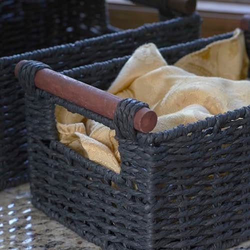 Household Essentials Decorative Woven Baskets, Set of 3 Baskets, Paper Rope with Wood Handles, Sturdy Metal Frame, Small, Medium and Large, Black - Image 5