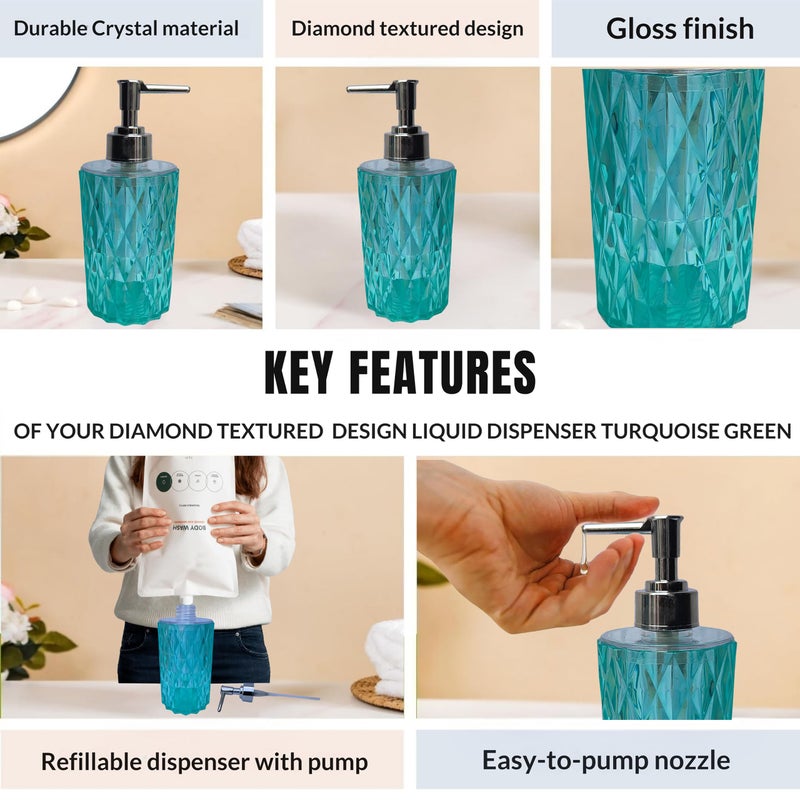 Zyro Crystal Liquid Soap Dispenser Stylish Diamond Cut Design with Pump (350 ML) for Bathroom, Kitchen, Countertop Multipurpose Shampoo, Conditioner, Lotion & Hand Soap Bottle Turquoise - Image 3