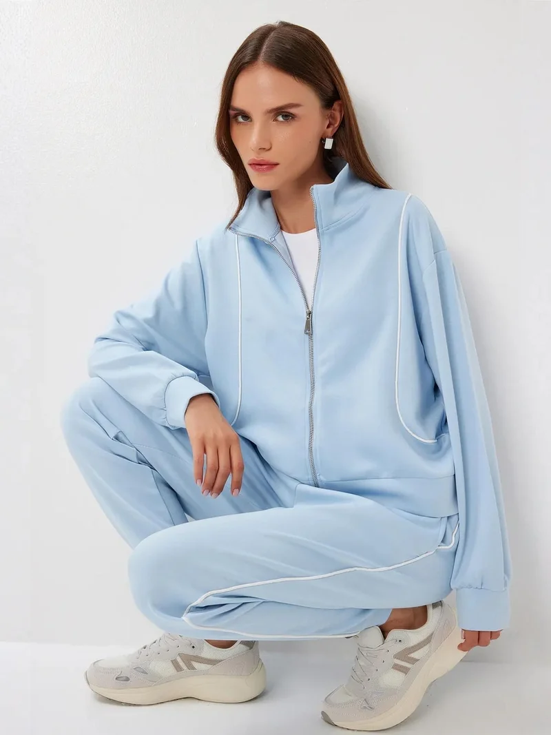 إسطنبول الساحرة ISTANBUL Contrast Binding Detailed Zippered Sweatshirt & Jogger Two-Piece Set