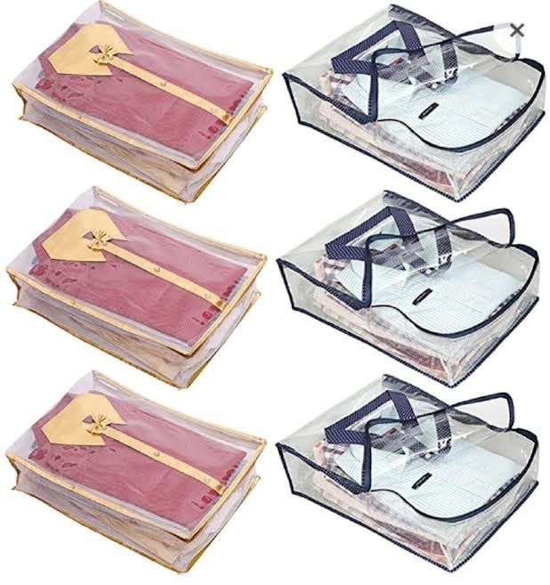 Ankit Traders Transparent Shirt Cover Storage Bags for Wardrobe and Closet Organizer with Zipper Pack of 6 Blue Golden - Image 1