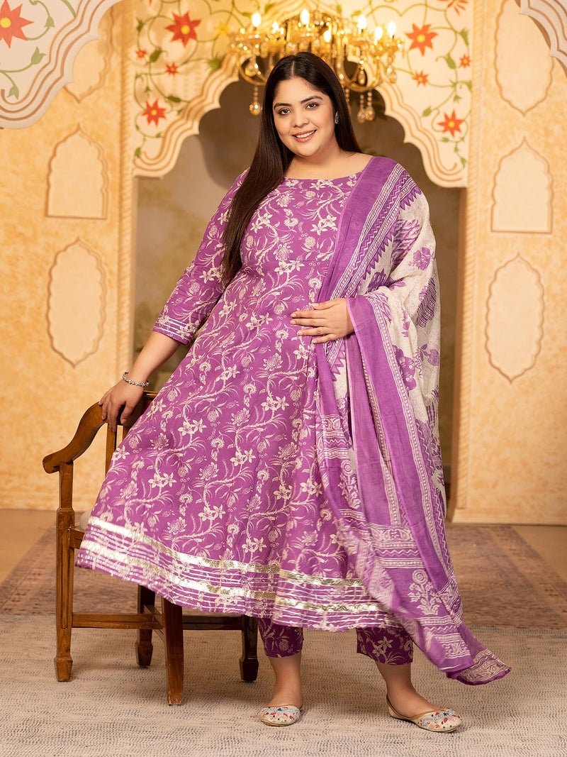 MEERA FAB Women Cotton Plus Size Printed Anarkali Kurta With Palazzo & Dupatta Set With Dori, Purple - Image 4