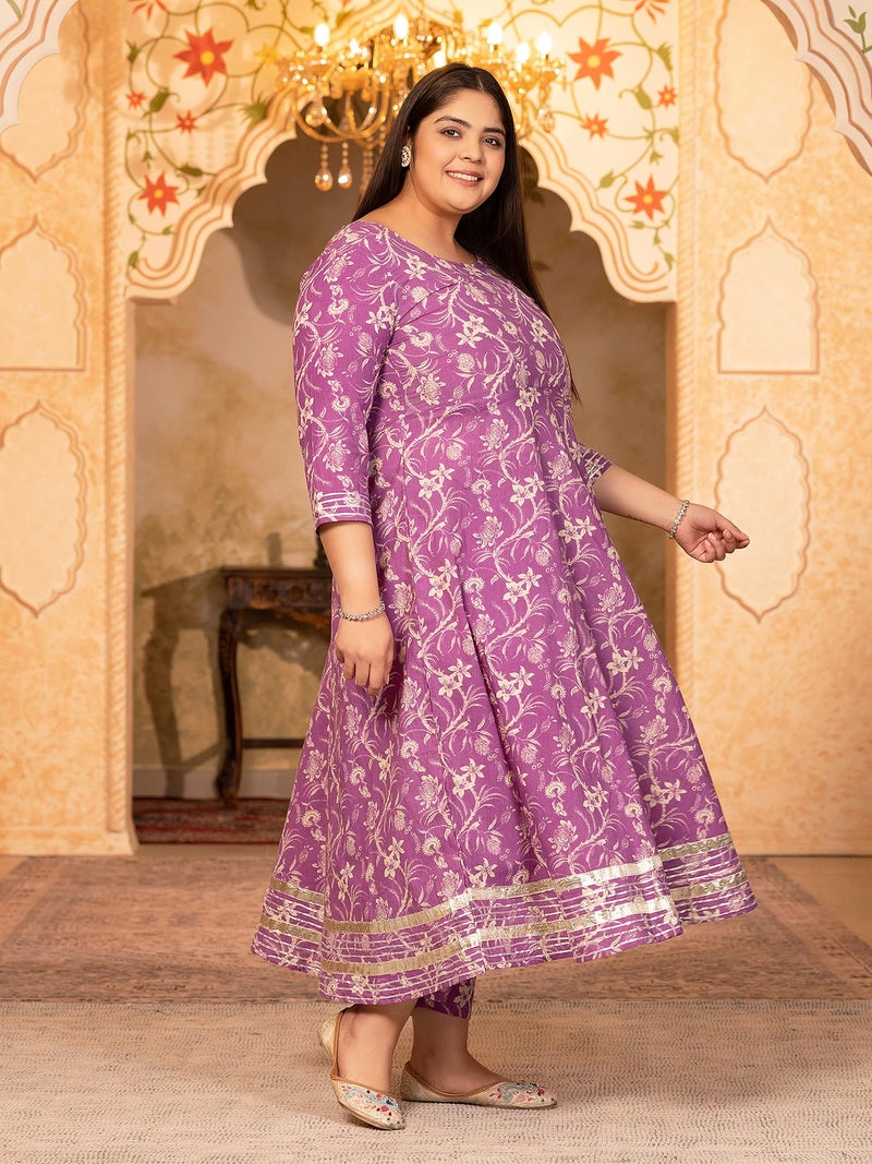 MEERA FAB Women Cotton Plus Size Printed Anarkali Kurta With Palazzo & Dupatta Set With Dori, Purple - Image 5