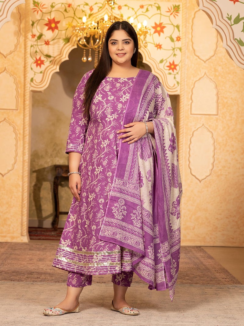 MEERA FAB Women Cotton Plus Size Printed Anarkali Kurta With Palazzo & Dupatta Set With Dori, Purple - Image 3
