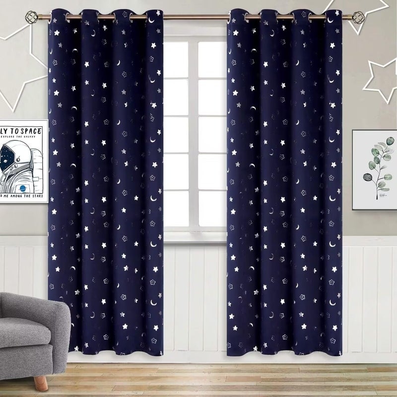 BGment Kids Curtains for Bedroom 84 Inch Length 2 Panels Set, Star and Moon Blackout Curtains for Boys Room Decor, Nursery Thermal Insulated Room Darkening Curtains with Grommet, 52 Wide, Navy Blue - Image 1