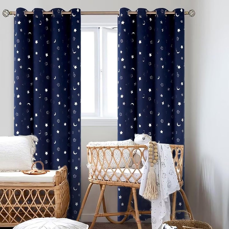 BGment Kids Curtains for Bedroom 84 Inch Length 2 Panels Set, Star and Moon Blackout Curtains for Boys Room Decor, Nursery Thermal Insulated Room Darkening Curtains with Grommet, 52 Wide, Navy Blue - Image 2