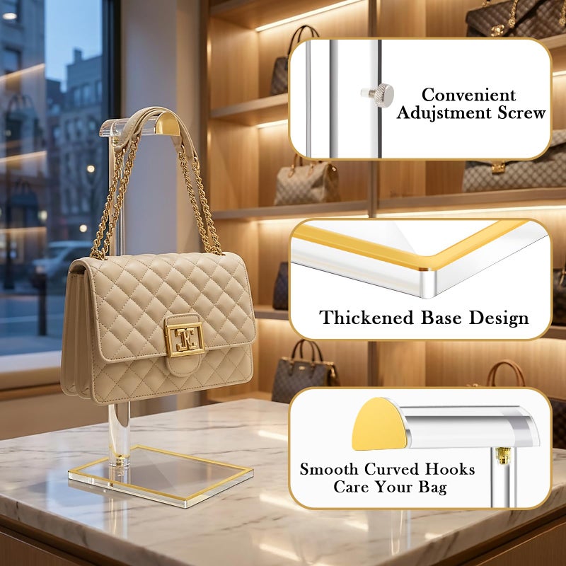 Jolboldy 2 Pack Acrylic Handbag Display Stand, Gold Trim Clear Purse Holder 14"-24" Adjustable Height Thicken Anti-slip Base, Purse Rack Hanging Evening Bags Clutch Jewelry for Table Closet Retail Vendors - Image 3