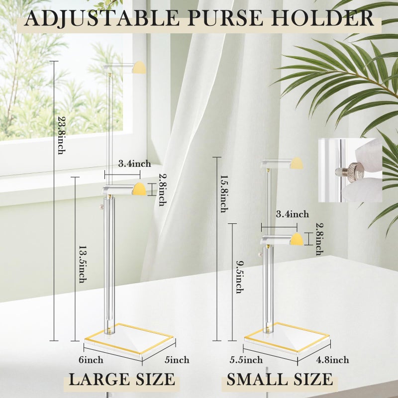 Jolboldy 2 Pack Acrylic Handbag Display Stand, Gold Trim Clear Purse Holder 14"-24" Adjustable Height Thicken Anti-slip Base, Purse Rack Hanging Evening Bags Clutch Jewelry for Table Closet Retail Vendors - Image 4