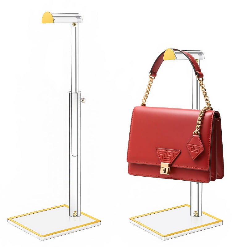 Jolboldy 2 Pack Acrylic Handbag Display Stand, Gold Trim Clear Purse Holder 14"-24" Adjustable Height Thicken Anti-slip Base, Purse Rack Hanging Evening Bags Clutch Jewelry for Table Closet Retail Vendors - Image 1