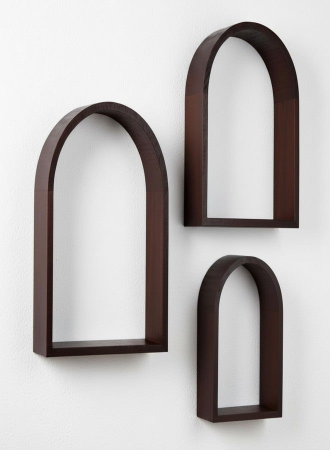 Threehoney 3 Set Arched Wall Shelf 9.8 x 7.5 Inch Wooden Hanging Arch Shelf Deep Display Storage Shelves Floating Shelves for Home Office Room Mini Figures Potted Plants Wall Decor(Brown) - Image 1