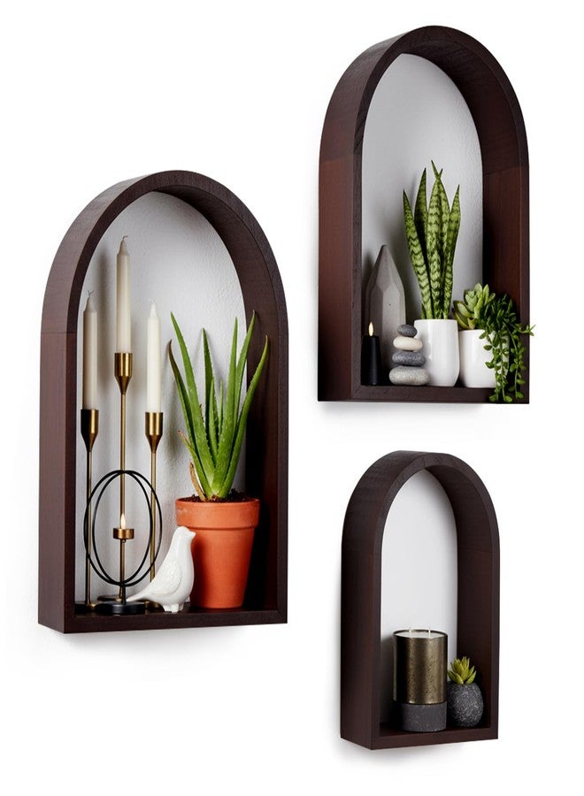 Threehoney 3 Set Arched Wall Shelf 9.8 x 7.5 Inch Wooden Hanging Arch Shelf Deep Display Storage Shelves Floating Shelves for Home Office Room Mini Figures Potted Plants Wall Decor(Brown) - Image 2