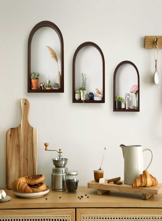 Threehoney 3 Set Arched Wall Shelf 9.8 x 7.5 Inch Wooden Hanging Arch Shelf Deep Display Storage Shelves Floating Shelves for Home Office Room Mini Figures Potted Plants Wall Decor(Brown) - Image 5
