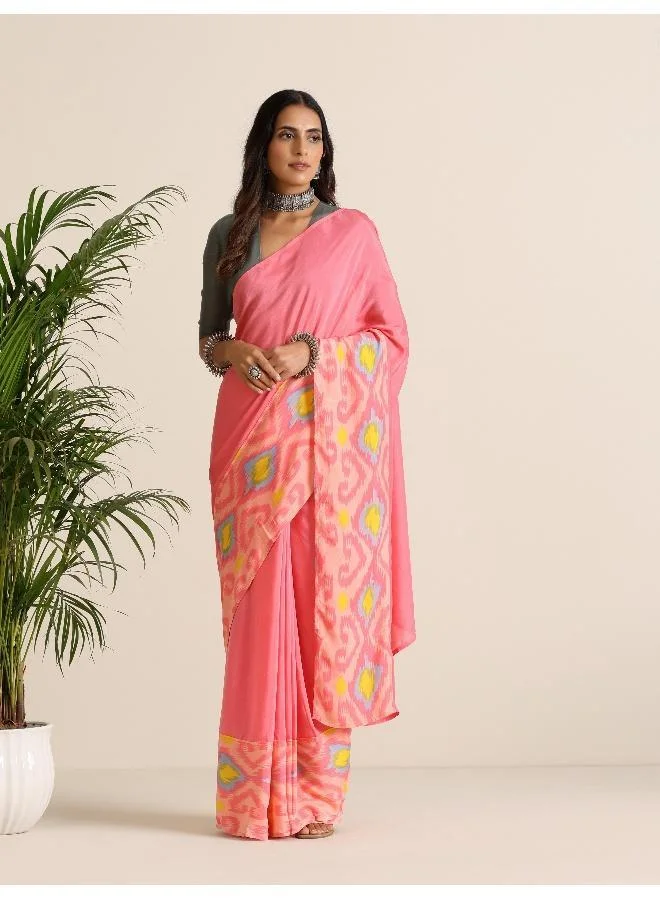 trueBrowns trueBrowns Pink Lime Muslin Ikat Saree