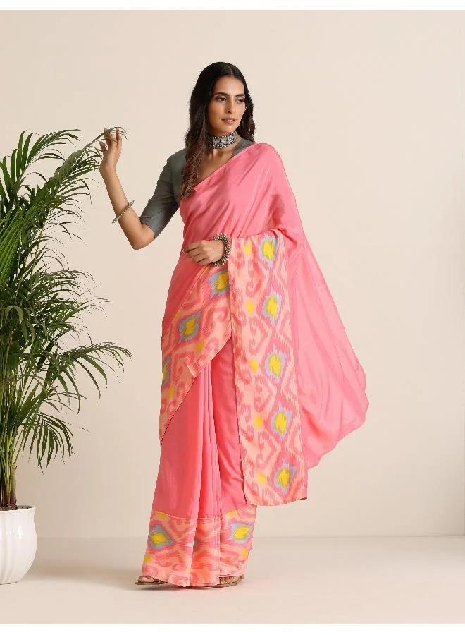 trueBrowns trueBrowns Pink Lime Muslin Ikat Saree