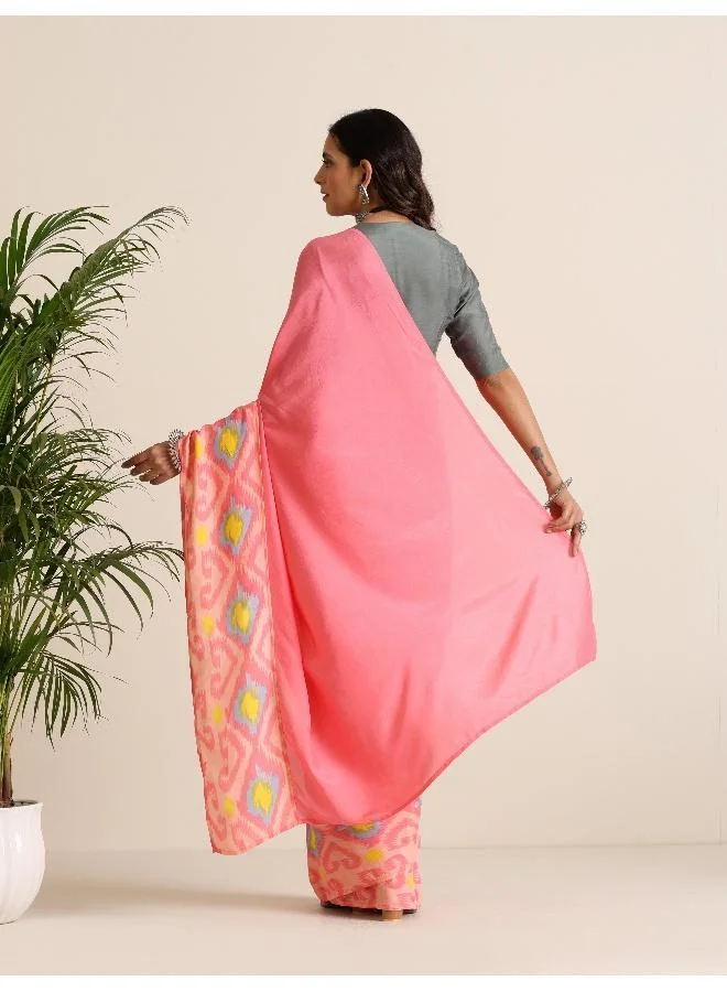 trueBrowns trueBrowns Pink Lime Muslin Ikat Saree