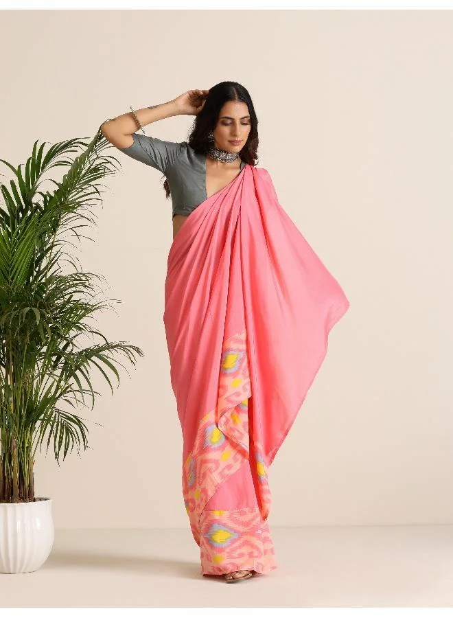 trueBrowns trueBrowns Pink Lime Muslin Ikat Saree