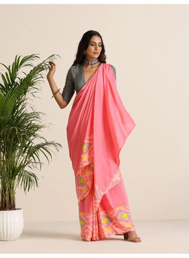 trueBrowns trueBrowns Pink Lime Muslin Ikat Saree