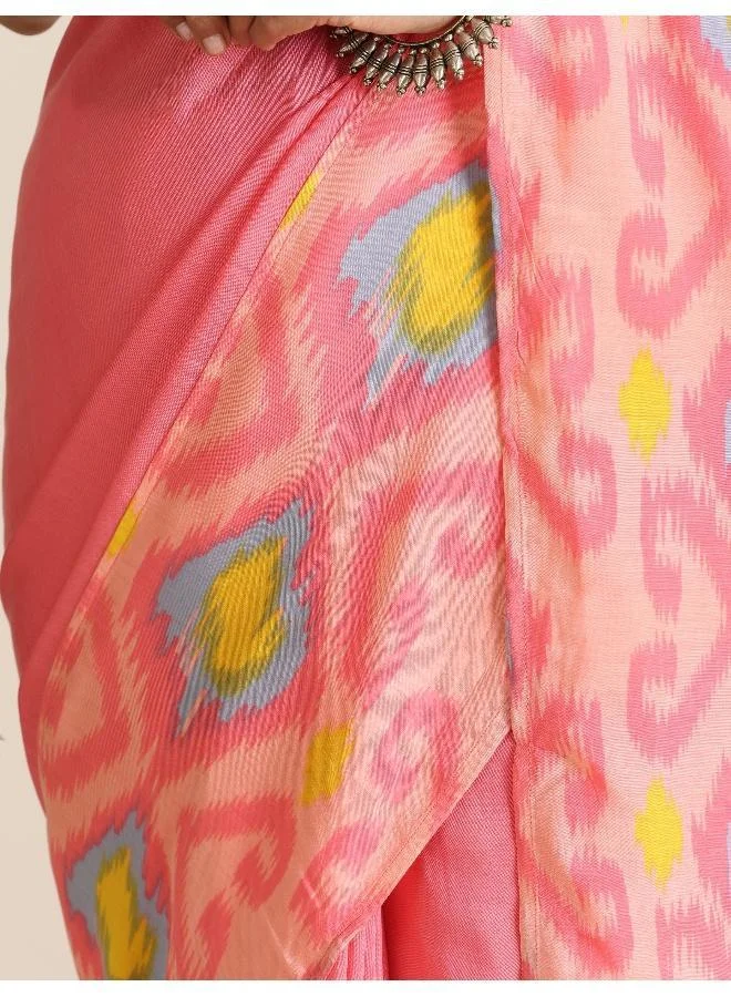 trueBrowns trueBrowns Pink Lime Muslin Ikat Saree