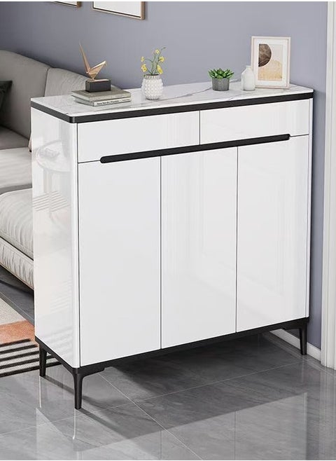Multifunctional Luxury Glossy Style Entryway Shoe Cabinet Modern Console Table Behind Couch Table Shoe Storage Rack Hallway Table with Display Shelf and 2 Drawers Storage 90x32x100 cm
