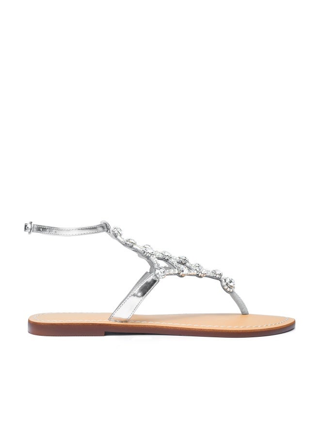 UTIKLIOU Women's Rhinestone Sandals T-Strap Sandals Ankle Strap Flat Wedding Sandals (Silver 9) - Image 1