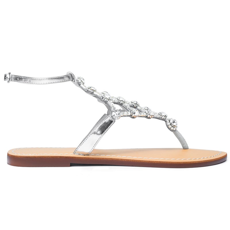 UTIKLIOU Women's Rhinestone Sandals T-Strap Sandals Ankle Strap Flat Wedding Sandals (Silver 9) - Image 4