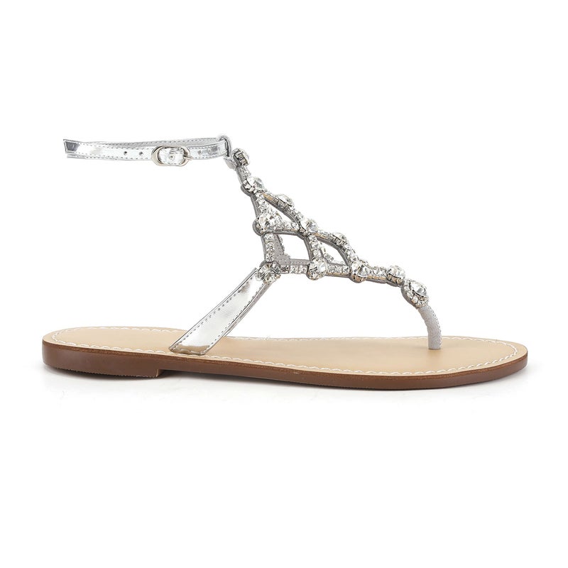 UTIKLIOU Women's Rhinestone Sandals T-Strap Sandals Ankle Strap Flat Wedding Sandals (Silver 9) - Image 5