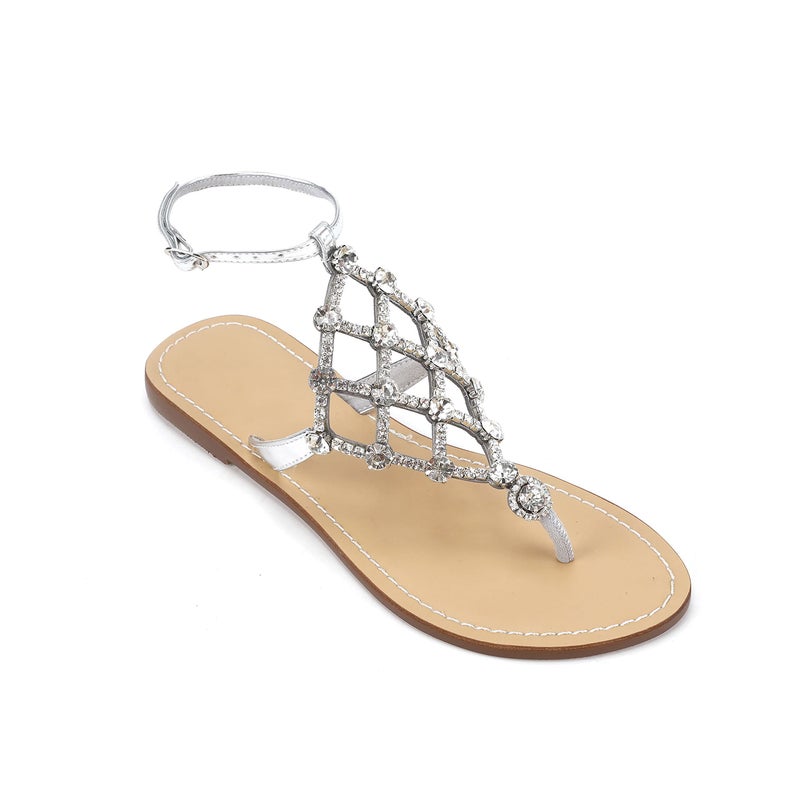 UTIKLIOU Women's Rhinestone Sandals T-Strap Sandals Ankle Strap Flat Wedding Sandals (Silver 9) - Image 3