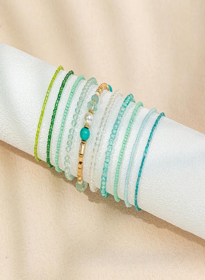 Pingyongchang Bohemian Stackable Bead Bracelets for Women Multilayer Stretch Bangles Bracelet Set Handmade Multicolor Crystal Beaded Bracelets Set Boho Charms Jewelry-Blue Green - Image 3
