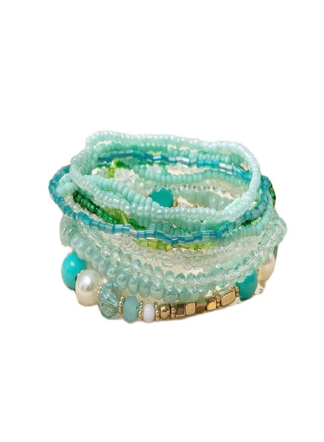 Pingyongchang Bohemian Stackable Bead Bracelets for Women Multilayer Stretch Bangles Bracelet Set Handmade Multicolor Crystal Beaded Bracelets Set Boho Charms Jewelry-Blue Green - Image 1