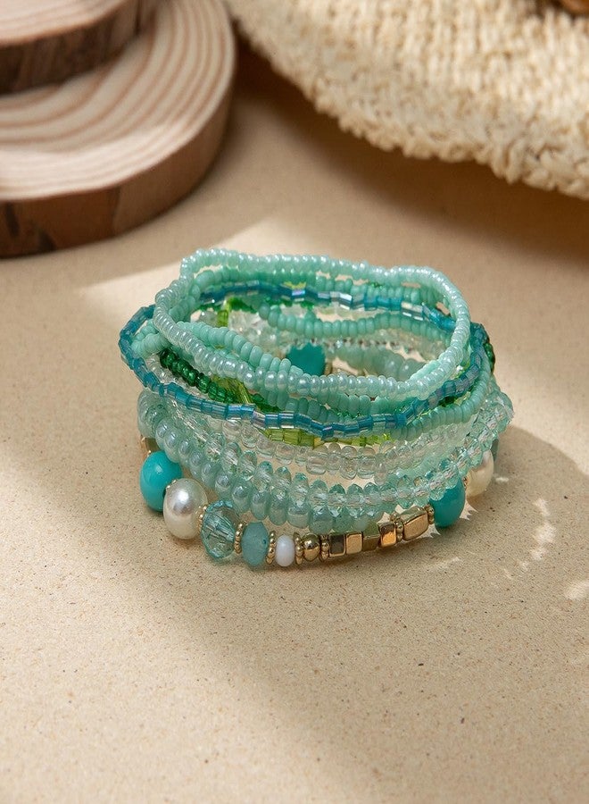 Pingyongchang Bohemian Stackable Bead Bracelets for Women Multilayer Stretch Bangles Bracelet Set Handmade Multicolor Crystal Beaded Bracelets Set Boho Charms Jewelry-Blue Green - Image 2
