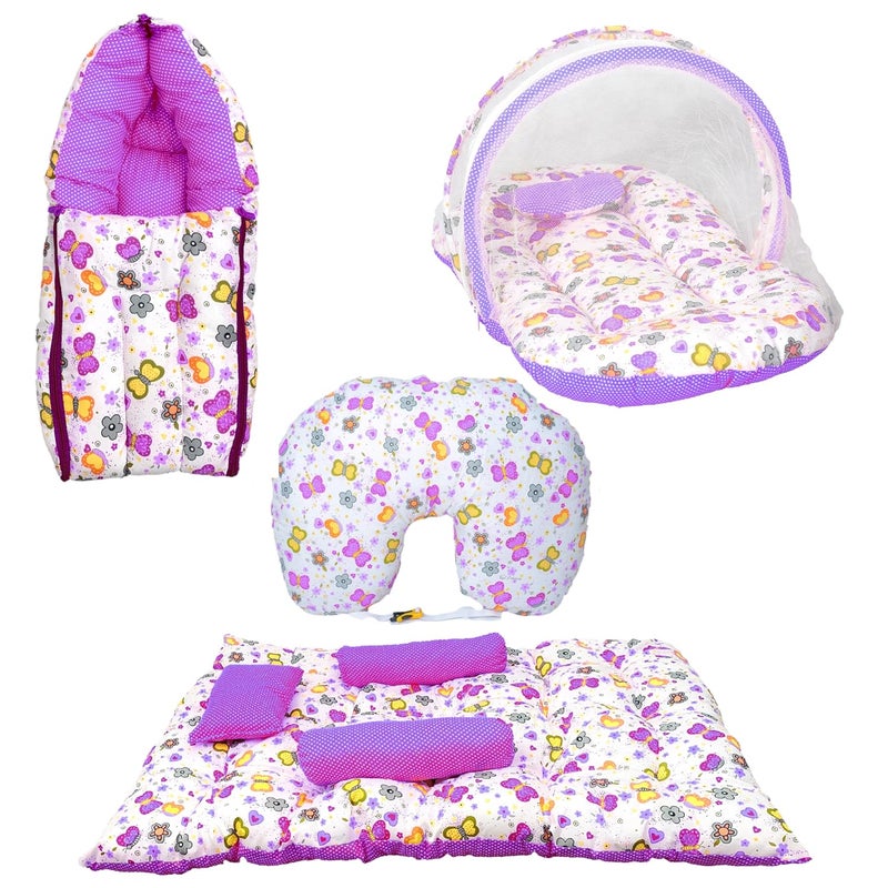 Kid's Charm Kids Charm Butterfly 4 PCS Combo Set3 in 1 Babys Cotton Carry Bed5 in 1 Babys Cotton Breast Feeding Pillow2 in 1 Cotton Bed with Mosquito Net2 in1 Sleeping Bed for 04 MonthsViolet - Image 1
