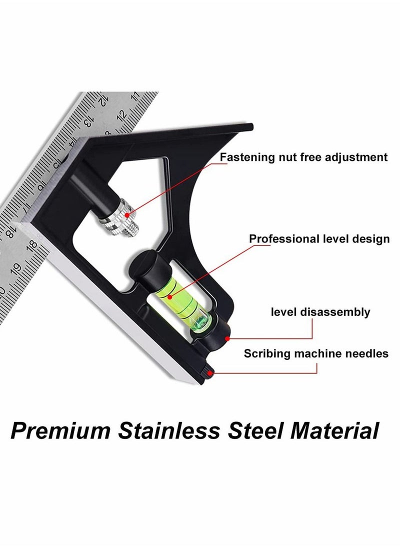 Excefore - Combination Square 12Inch/300mm, Engineers Set Square, Stainless Steel Angle Ruler, Adjustable Carpentry Square 45/90 Degree with Bubble Level, Measuring Tool for Engineer Carpenter - Image 1
