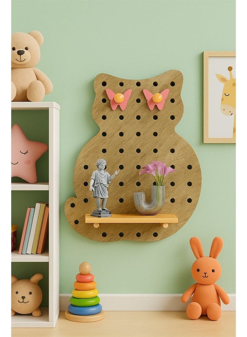 Cat Shaped Wall Pegboard Shelf Organizer 60x48cm – Cute Wooden Cat Wall Shelf for Kids Room, Nursery, Bedroom, Decorative Wall Storage Rack with Hooks & Pegs for Home Décor (Natural Wood Color) - Image 1