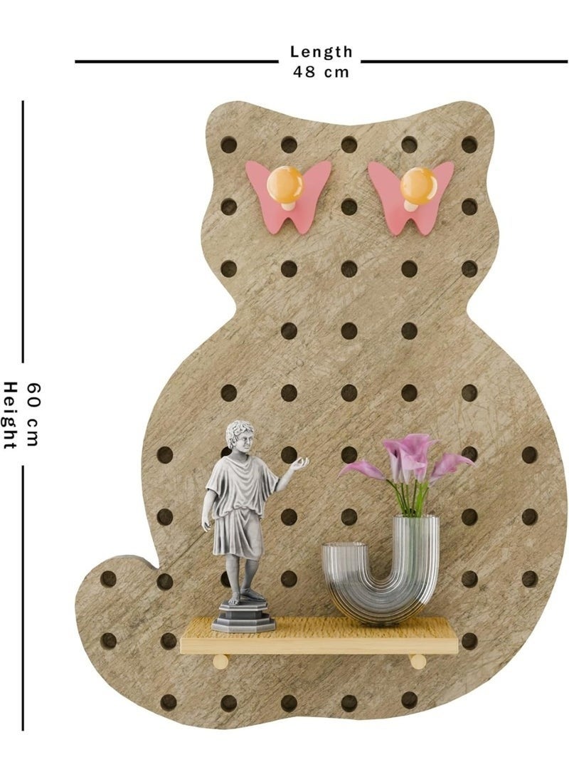 Cat Shaped Wall Pegboard Shelf Organizer 60x48cm – Cute Wooden Cat Wall Shelf for Kids Room, Nursery, Bedroom, Decorative Wall Storage Rack with Hooks & Pegs for Home Décor (Natural Wood Color) - Image 2