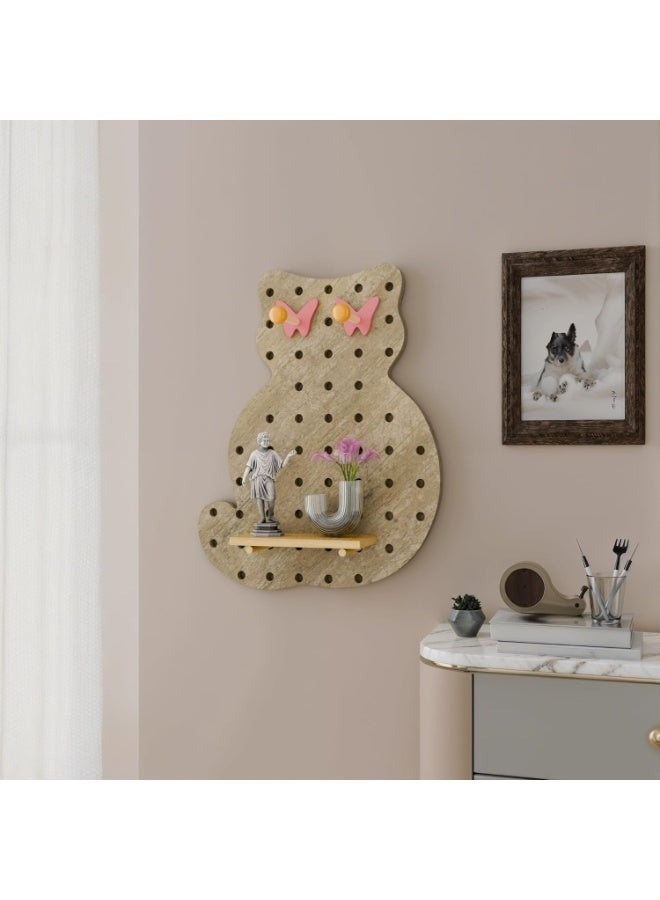 Cat Shaped Wall Pegboard Shelf Organizer 60x48cm – Cute Wooden Cat Wall Shelf for Kids Room, Nursery, Bedroom, Decorative Wall Storage Rack with Hooks & Pegs for Home Décor (Natural Wood Color) - Image 3