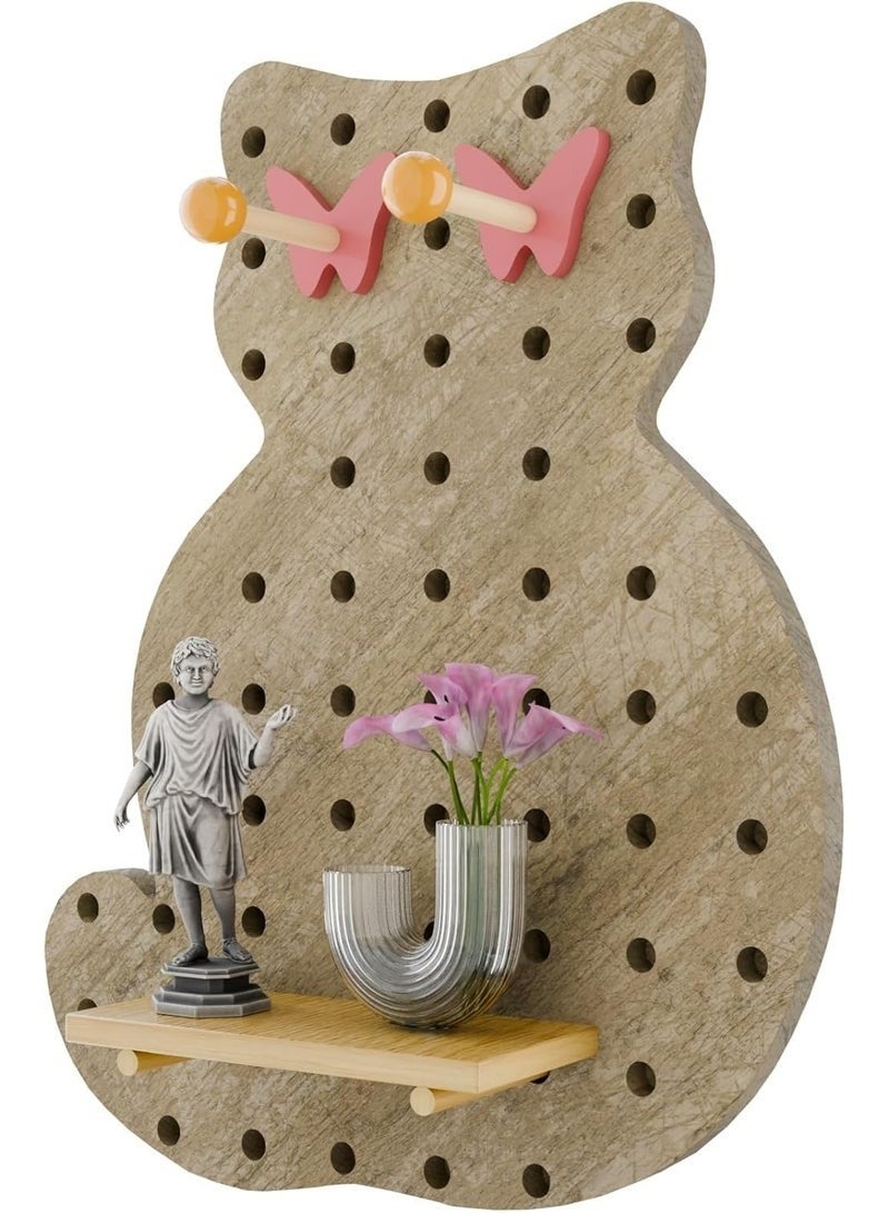 Cat Shaped Wall Pegboard Shelf Organizer 60x48cm – Cute Wooden Cat Wall Shelf for Kids Room, Nursery, Bedroom, Decorative Wall Storage Rack with Hooks & Pegs for Home Décor (Natural Wood Color) - Image 4
