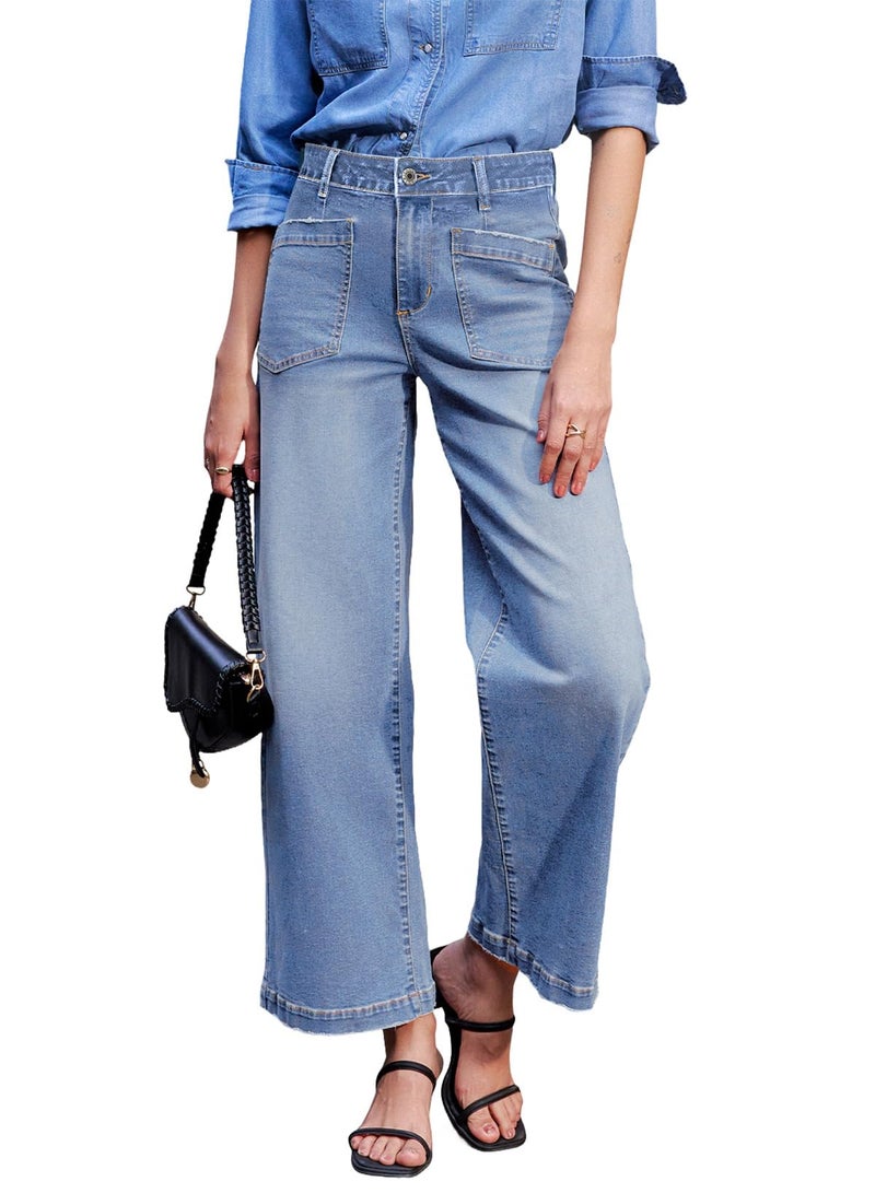 Sidefeel Jeans for Women Trendy High Waisted Stretchy Wide Leg Jeans Loose Straight Leg Zimbaplatinum Denim Pants Iceland Blue Size 12 - Image 1