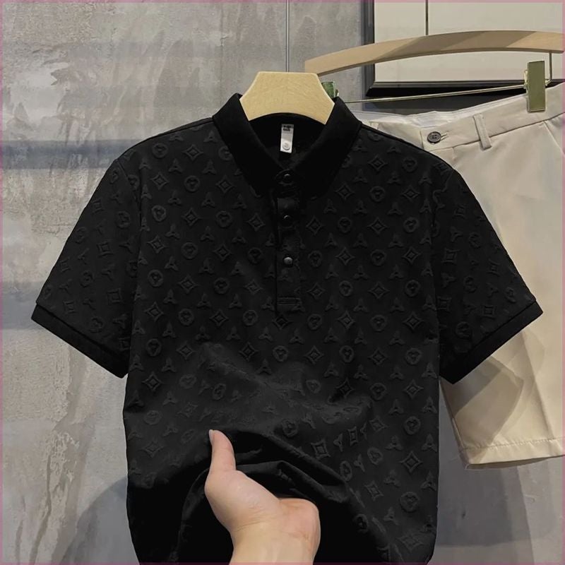 Summer 2025 Fashionable Accessible Luxury Jacquard Casual Polo Shirt Comfortable and Breathable Youth Slim Lapel Short-Sleeved T-Shirt for Men Kc a13 black
