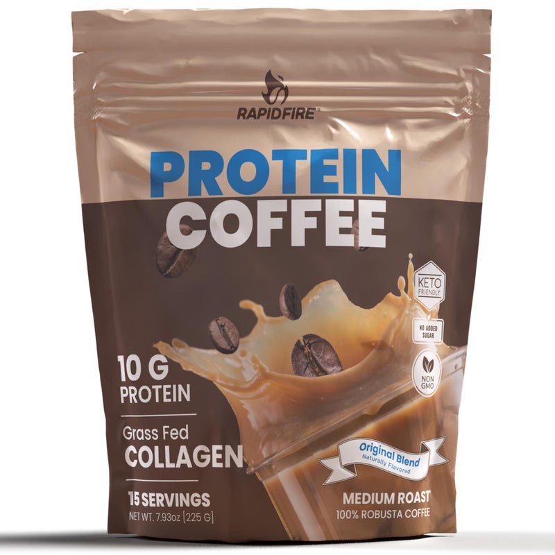 Rapid Fire Protein Coffee, with 10g of Protein with Collagen, Promotes Muscle Growth, Supports Energy, Hot or Cold, Keto Friendly, 100% Robusta Coffee, 15 Servings, Original Blend, Medium Roast - Image 1