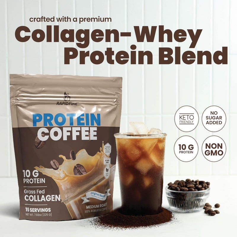 Rapid Fire Protein Coffee, with 10g of Protein with Collagen, Promotes Muscle Growth, Supports Energy, Hot or Cold, Keto Friendly, 100% Robusta Coffee, 15 Servings, Original Blend, Medium Roast - Image 2