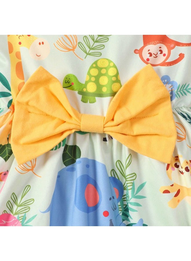 RETSUGO Girls A-Line Bowknot Dresses Cute Animal Print Summer Dress for Party Baby Girl Birthday Dress zoo-1133-2T, A-zoo, 2-3 Years - Image 5