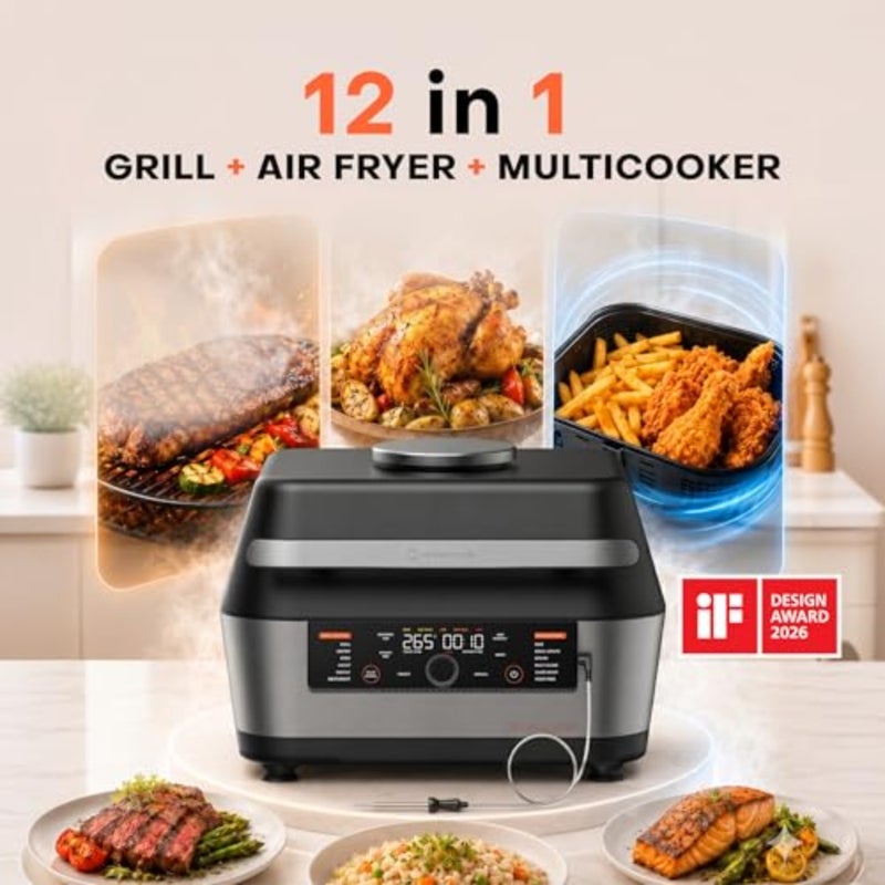 3-in-1 Grill, Airfryer Multicooker Smart Thermometer, 6 Cooking Modes, Sizzle Max 265C High Heat, Healthy Ceramic Nonstick, One-Pot Meals, Bake, Roast, Steam, Slow Cook, Sous Vide - Image 2