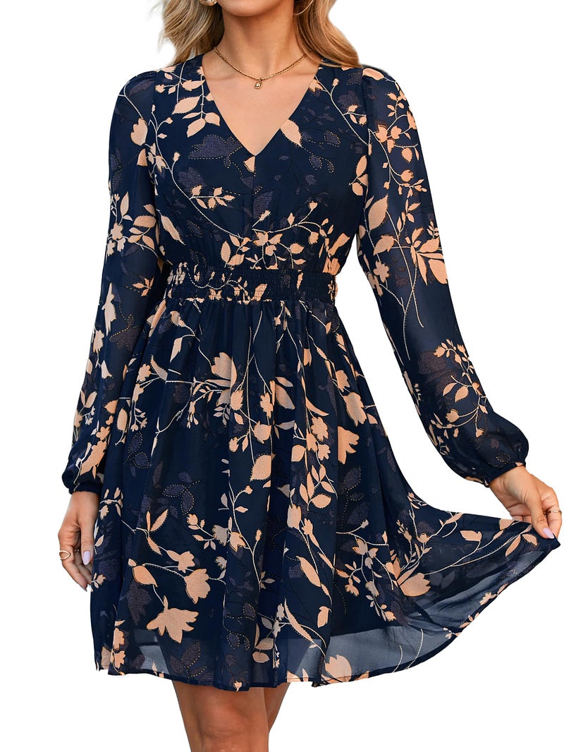 Simplee Womens Floral Mini Dress - Long Sleeve Casual V Neck Chiffon Modest Boho Flowy Fall Wedding Guest Dresses,Navy Blue L - Image 1